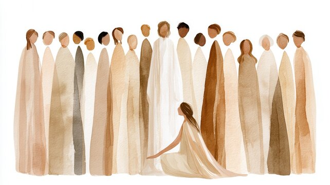 Jesus christ showing compassion and empathy to a woman in distress surrounded by abstract figures a spiritual crowd