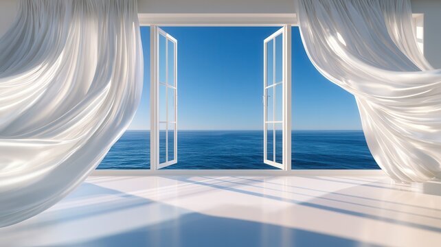 Open window with blowing white curtains overlooking a blue ocean and clear sky inviting air and freedom fresh