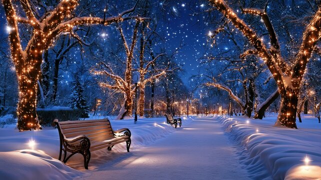 Winter pathway illuminating park with glowing christmas lights during evening snowfall creating festive holiday scene