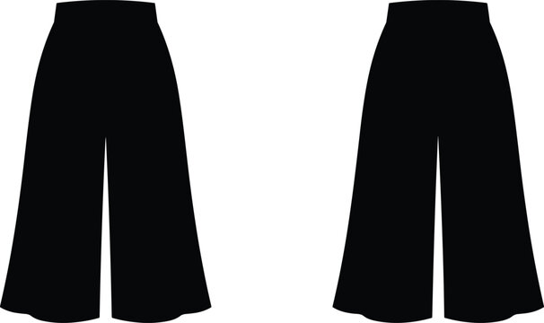 Black wide leg culottes pants vector illustration featuring front and back view fashion flat silhouette mockup template.
