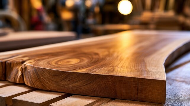Natural edge wood slab showcasing grain texture in woodworking shop custom furniture pieces crafting