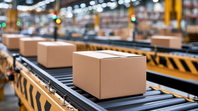 Cardboard boxes are moving along an automated roller conveyor belt system inside a modern warehouse representing shipping and delivery efficient