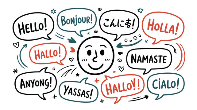  Multilingual hello greeting speech bubbles with diverse languages and friendly communication illustration