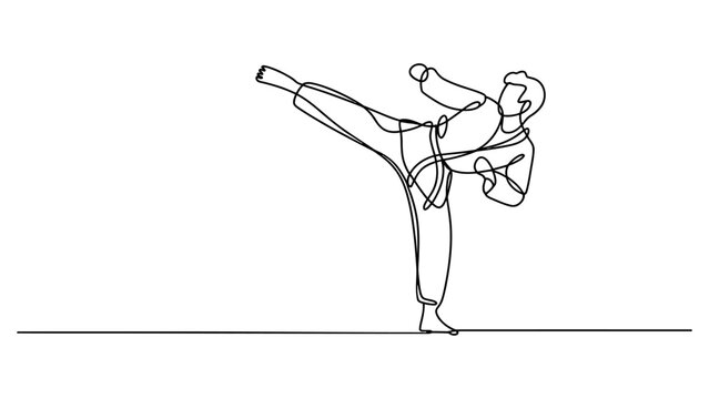 Continuous single line drawing of a karate fighter performing a high kick isolated on a white background Vector, illustration