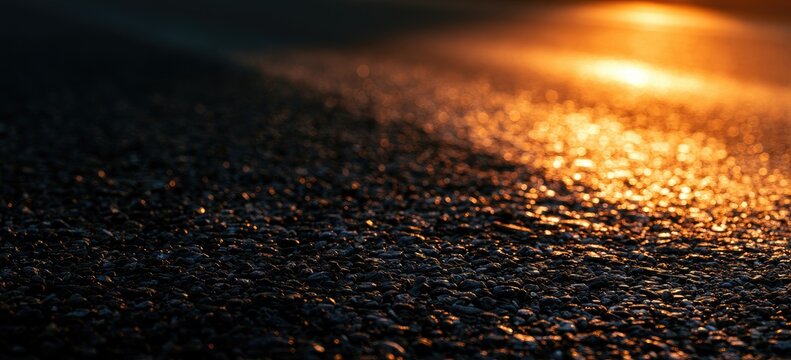 Close-up of Wet Asphalt Reflecting Warm Orange Light at Dusk.
