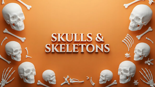 Arrangement of skulls and skeletons with decorative bones on orange background