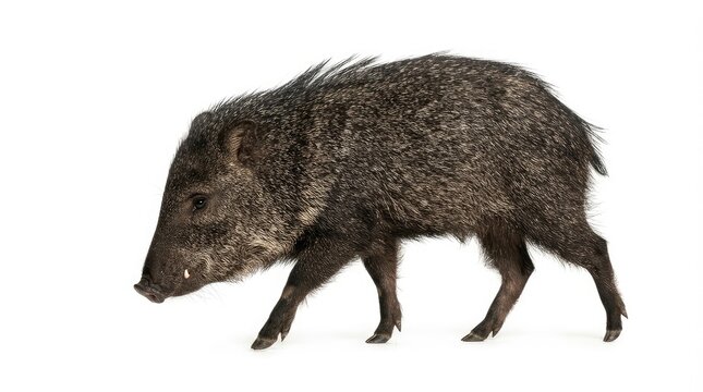 Wild collared peccary walking alone in bright natural daylight on plain background