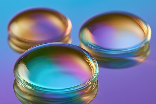 Three Contact Lenses Stacked with Iridescent Reflections.