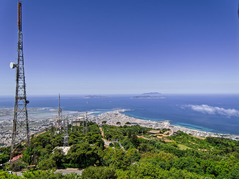 Panoramic view from Mount Erice looking down over Trapani peninsula, the salt pans, and the Egadi Islands in western Sicily.