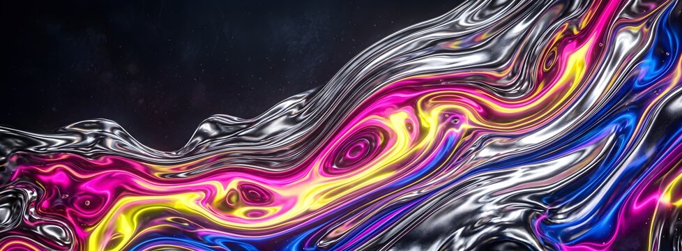 Futuristic Chrome Liquid Metal Waves with Neon Color Highlights