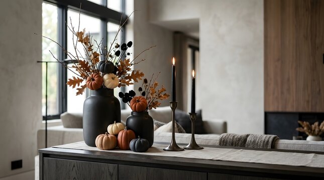 Elegant Halloween Home Decor Arrangement with Decorative Pumpkins, Dried Botanical Branches and Refined Seasonal Interior Styling