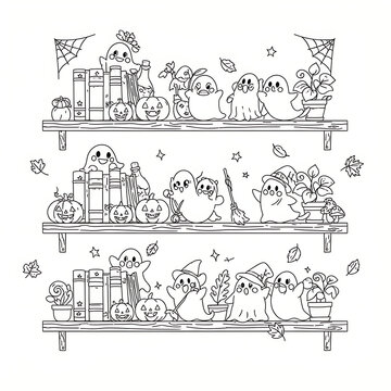 Whimsical wooden display shelves lined with cute witch hat ghosts spellbooks and potted plants for kids halloween coloring page created with generative ai.