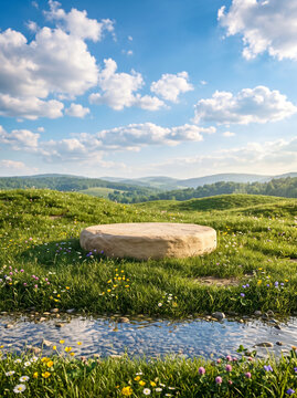 Natural Product Display Stage with Wildflowers, Water and Rolling Hills