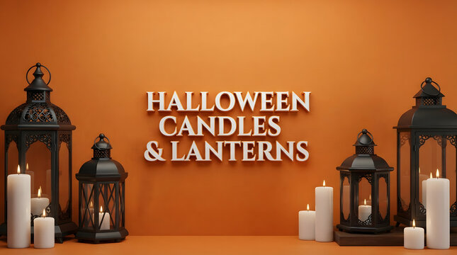 Halloween candles and ornate lanterns arranged against a warm orange backdrop