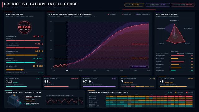 Explore a premium predictive failure intelligence dashboard featuring machine failure probability timelines and critical sensor readings in an ultra-dark industrial visual style.