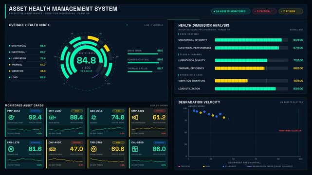 A refined dark-teal industrial equipment health score dashboard featuring a radial gauge, equipment cards, and health dimension analysis with vibrant colors and animations for effective monitoring.
