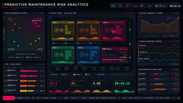 Explore a predictive maintenance risk analytics dashboard featuring a vibrant factory-floor heat map, analytical sidebars, and dynamic risk metrics for industrial equipment monitoring.