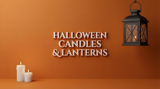 Festive halloween candles and lanterns display on a warm orange background