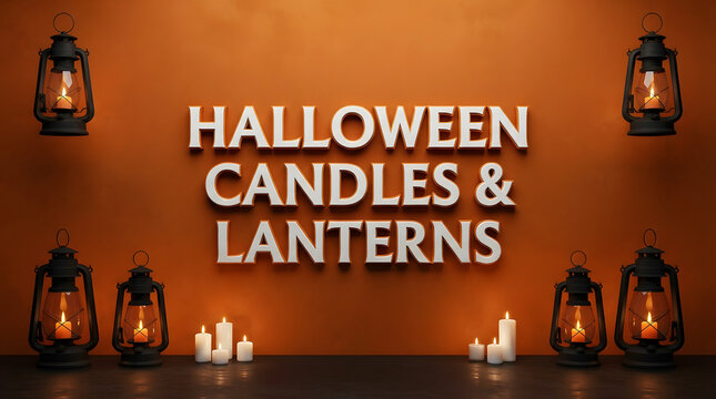 Halloween candles and lanterns decorative text on a warm orange background