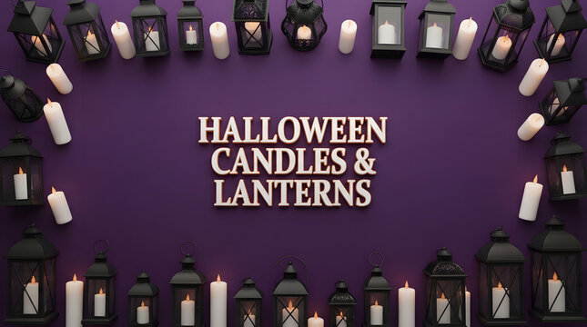 Halloween candles and lanterns decorative border on a dark purple background
