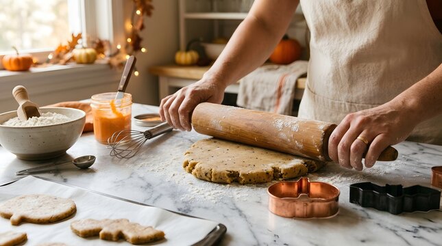 Halloween Baking Preparation at Home with Rolling Dough, Cookie Cutters, Seasonal Ingredients and Cozy Autumn Kitchen Atmosphere