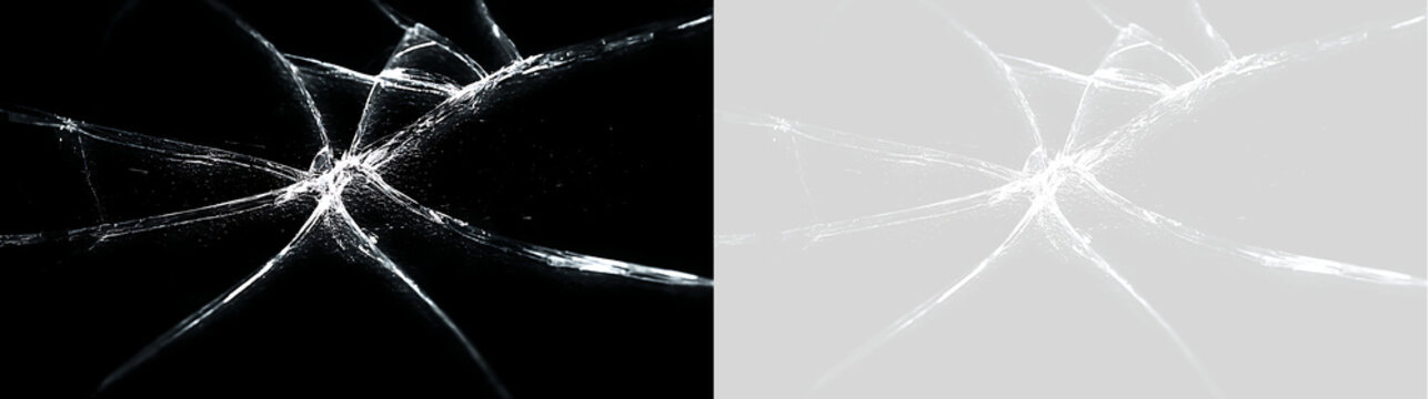 Realistic cracked glass overlay effect with sharp fractures. Broken window texture isolated on transparent background