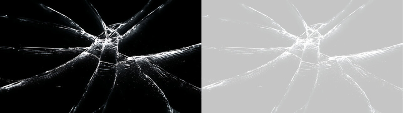 Shattered glass impact overlay with radiating spiderweb cracks. Broken glass texture isolated on transparent background