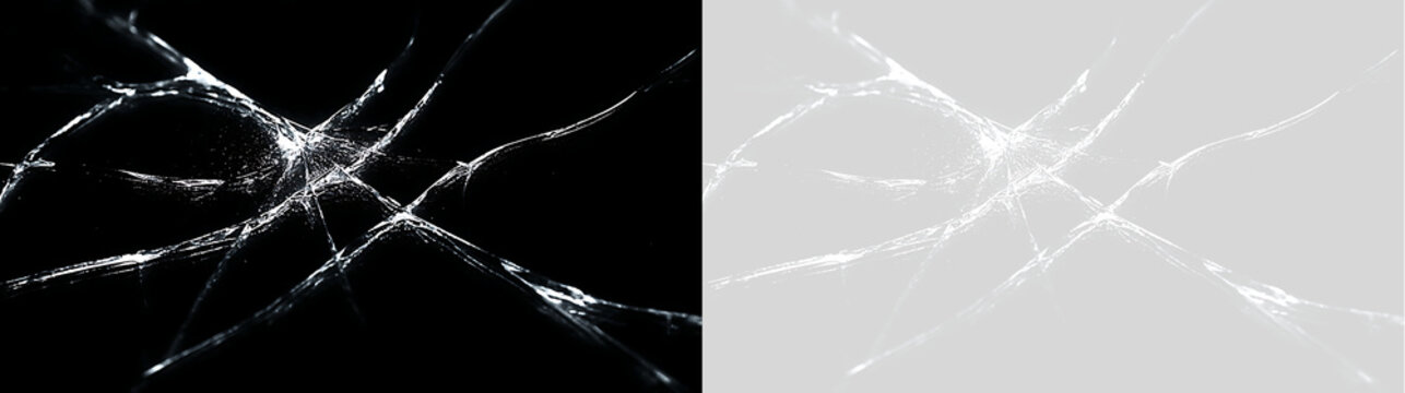 Broken glass overlay with intersecting crack lines and reflections. Shattered window texture isolated on transparent background