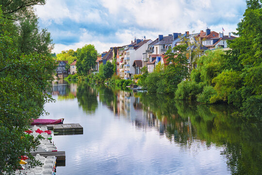 Marburg an der Lahn, view of the Lahn River with typical German half-timbered houses.