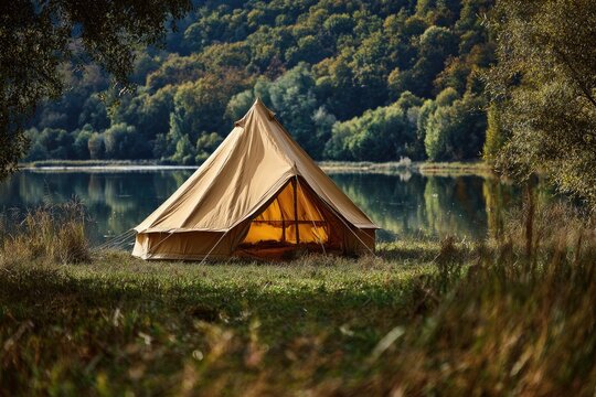 Canvas bell tent pitched by a serene lake for camping and glamping