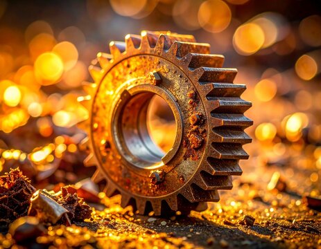 Golden Industrial Gear Resting on Metal Shavings.