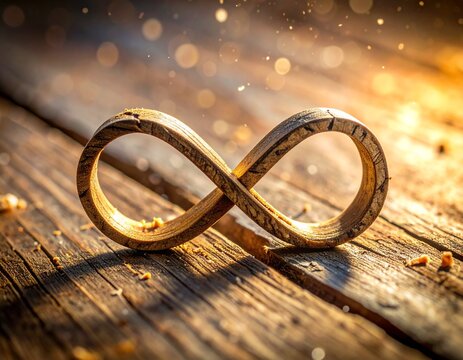 Golden infinity symbol resting on rustic wooden background with sparkling light.