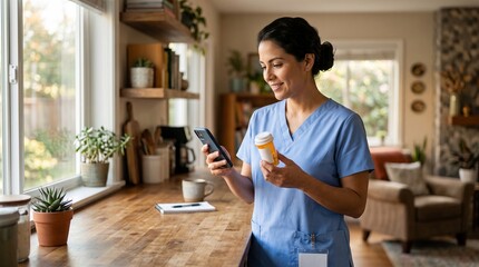 Fototapeta premium Healthcare Professional Using a Smartphone to Manage Medication Details with a Pill Bottle on a Home Kitchen Counter