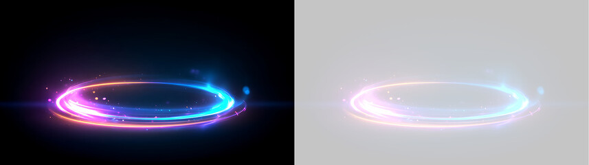 Glowing neon light ring with sparkling particles on transparent background. Circular magic energy portal podium overlay effect © Антон Миргородський