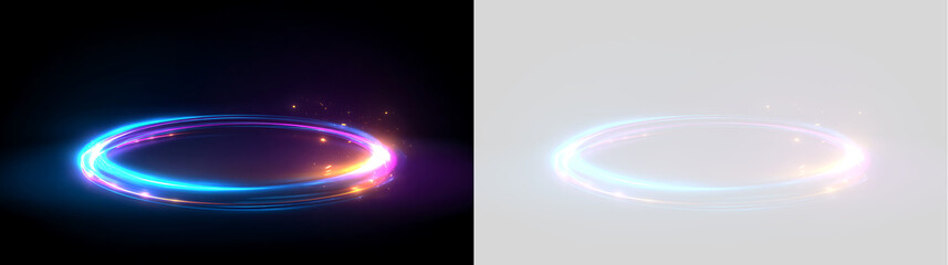 Neon magic circle light effect with bright cyan and pink flare. Glowing circular energy vortex podium on transparent background © Антон Миргородський