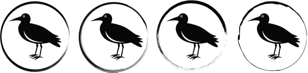 Fototapeta premium Four circular with black silhouette of a plover bird, isolated on a white background, circle