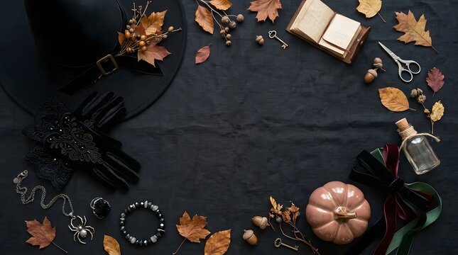 Halloween Costume Accessories Flat Lay with Black Hat, Gloves, Jewelry, Pumpkin Details and Dark Seasonal Styling