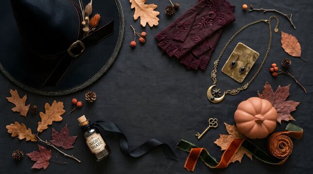Halloween Costume Accessories Flat Lay Featuring Witch Hat, Gloves, Jewelry, Pumpkins and Moody Autumn Decorative Elements