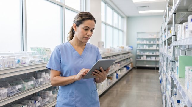 Professional Female Pharmacist in Blue Scrubs Interacting with a Digital Tablet in a Bright Organized Pharmacy