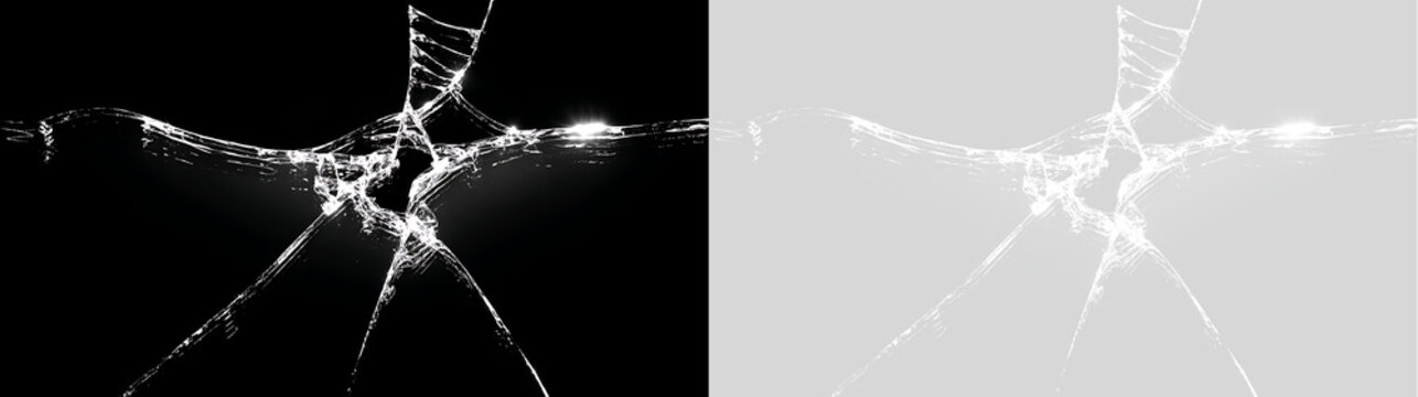 Broken glass crack texture overlay with impact center. Realistic shattered window fissure on transparent background