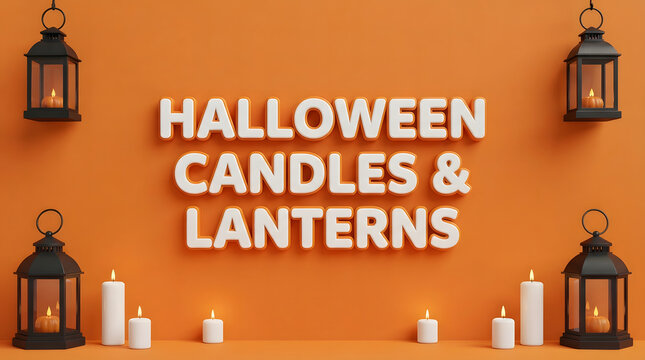 Festive halloween candles and lanterns arrangement on a bright orange background