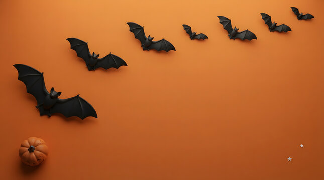 A flock of bats flies against a vibrant orange and yellow sunset sky
