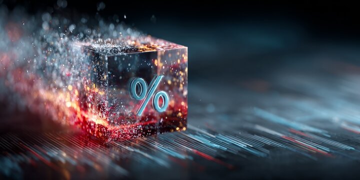Glowing glass cube with percentage symbol and dynamic particles representing interest rates, discounts, finance, inflation