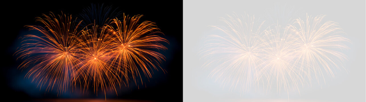 Vibrant triple fireworks explosion in orange and gold isolated on transparent background. Pyrotechnic burst effect for festival and party celebration