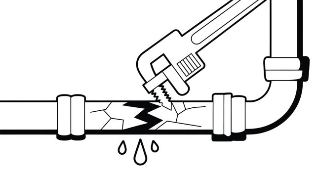 Broken water pipe with leaking drops and repair wrench illustration
