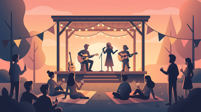 Outdoor Live Music Performance at Sunset Festival with Audience Enjoying Acoustic Concert