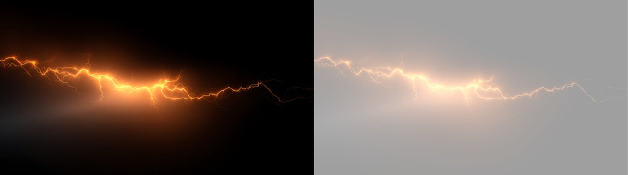 Glowing orange lightning bolt effect. Realistic electric spark discharge isolated on transparent and black background. Powerful energy flash overlay