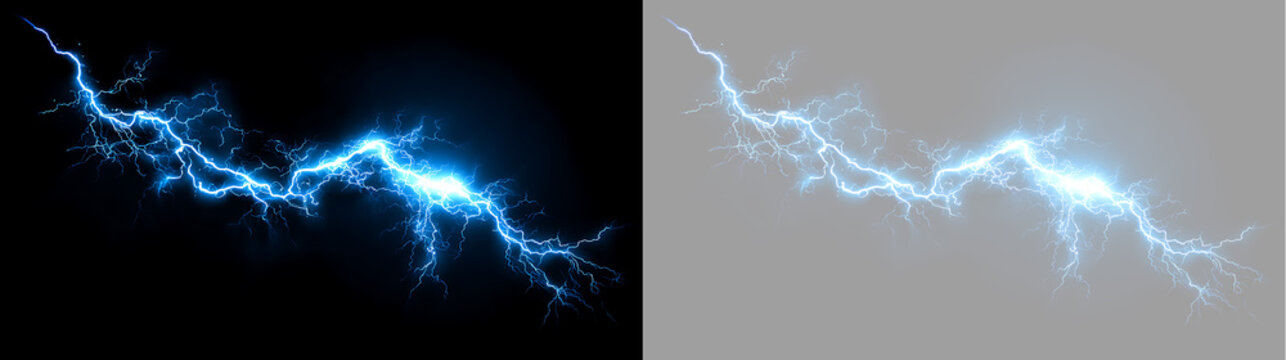 Dynamic blue lightning strike with electric power discharge. Realistic glowing plasma arc isolated on black and transparent background