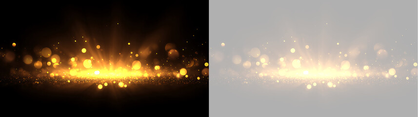 Golden glowing light burst with sparkling bokeh and rays on transparent background. Shimmering dust particles overlay for celebration banner © Антон Миргородський