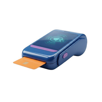 Modern blue pos payment terminal machine inserting a credit card